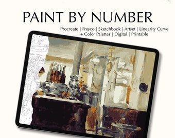 May include: Digital download of a paint by number image on a tablet screen. The image is a painting of a bar interior with bottles on a counter and a person standing behind it. The image is labeled "Paint by Number" and includes the apps it can be used with: Procreate, Fresco, Sketchbook, Artset, and Linearity Curve. It also mentions that it includes color palettes and is printable.