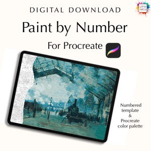 May include: Digital download for a paint by number art project for the Procreate app. The image shows a tablet displaying a numbered template of a painting of a train station. The text "Paint by Number" and "For Procreate" is displayed on the screen. The text "Numbered template & Procreate color palette" is displayed on the right side of the image.