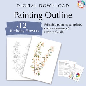 12 schetstekeningen verjaardagsbloemen, sjablonen, digitale pdf-download om te aquarelleren of in te kleuren