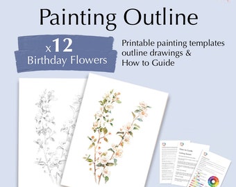12 Birthday flower outline drawings, templates, PDF Digital Download for watercolor painting or coloring