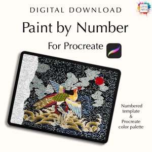Peut inclure: Téléchargement numérique pour l'application Procreate, avec une image de peinture par numéros d'un oiseau coloré sur un fond à motifs noir et blanc. L'image comprend un modèle numéroté et une palette de couleurs Procreate.