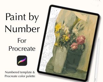 May include: Digital download of a paint by number template for Procreate featuring a still life of flowers in vases. The template is numbered and includes a Procreate color palette.