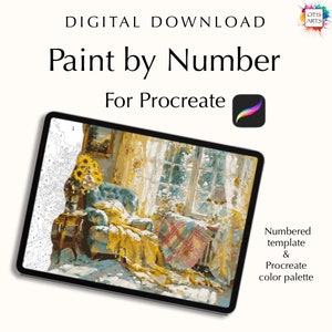 Pode incluir: Download digital para uma imagem de pintura por números de uma cena aconchegante de sala de estar com uma cadeira, uma janela e um vaso de girassóis. A imagem é projetada para ser usada com o aplicativo Procreate.