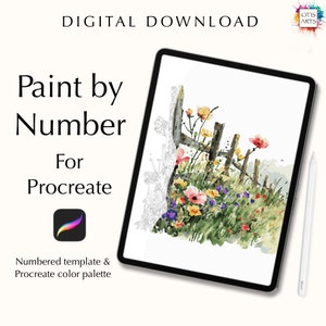Puede incluir: Descarga digital de una plantilla de pintura por números para Procreate con una pintura de acuarela de una valla y flores. La plantilla incluye una imagen numerada y una paleta de colores de Procreate.