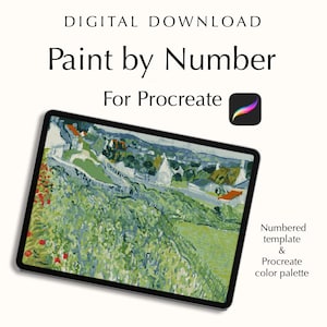 May include: Digital download for Procreate featuring a paint-by-number template. The image on the tablet displays a landscape painting with green, white, red, and blue hues. The text on the image reads "Paint by Number For Procreate".