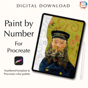 May include: Digital download of a paint by number image for the Procreate app. The image is of a man with a beard wearing a blue uniform and a hat that says "POSTES". The image is in a digital tablet.