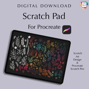 May include: A digital download for Procreate featuring a scratch pad with colourful floral designs. The image shows a tablet screen displaying the scratch pad with a variety of leaves and flowers in a rainbow gradient.