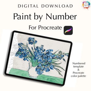 May include: Digital download for Procreate app, featuring a paint-by-number template of a vase of blue flowers. The image includes a numbered template and a Procreate color palette.