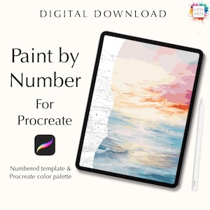Peut inclure: Téléchargement numérique d'un modèle de peinture par numéros pour Procreate, représentant un paysage marin avec un ciel de coucher de soleil. Le modèle comprend une image numérotée et une palette de couleurs Procreate.