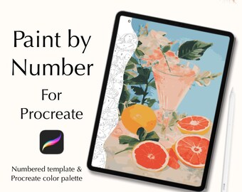 May include: Digital download of a paint by number template for Procreate featuring a still life of a glass of pink drink, a grapefruit, and a lemon on a table with flowers. The template is numbered and includes a Procreate color palette.