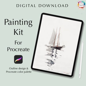 May include: Digital download for Procreate app.  Painting kit includes an outline design of a sailboat on the water and a Procreate color palette.