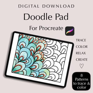 Puede incluir: Un Doodle Pad de descarga digital para Procreate con una pantalla de tableta que muestra un patrón abstracto repetitivo parcialmente coloreado en tonos azul, turquesa y naranja, con el texto TRACE, COLOR, RELAX, CREATE y 8 Patterns to trace & color.