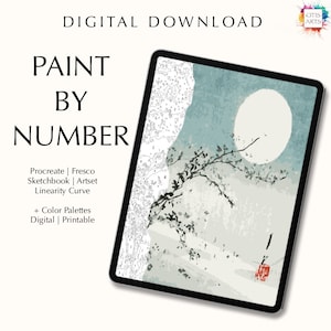 Paint by number kit digital, Procreate, Fresco, Sketchbook, Art Set, templates + color palettes, color by numbers, Full Moon by Ogata Gekko