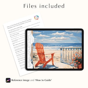 Puede incluir: Una pintura digital de una silla roja en una terraza de madera con vistas a una playa con agua azul y un cielo nublado. La imagen es una descarga digital para usar en Procreate.