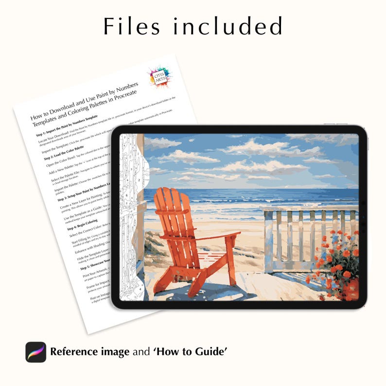Puede incluir: Una pintura digital de una silla roja en una terraza de madera con vistas a una playa con agua azul y un cielo nublado. La imagen es una descarga digital para usar en Procreate.
