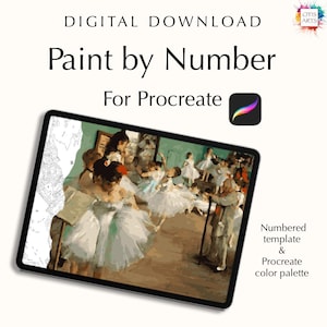 Könnte beinhalten: Digitaler Download einer Malen-nach-Zahlen-Vorlage für Procreate mit einem Gemälde einer Ballettunterrichtsstunde. Die Vorlage enthält ein nummeriertes Bild und eine Farbpalette.