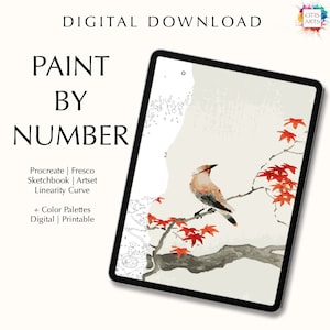 Paint by number kit digital, Procreate, Fresco, Sketchbook, Art Set, templates + color palettes, Japanese plague bird on maple Ohara Koson