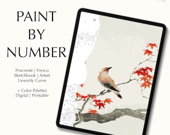 Paint by number kit digital, Procreate, Fresco, Sketchbook, Art Set, templates + color palettes, Japanese plague bird on maple Ohara Koson