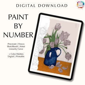 Paint by number kit digital, Procreate, Fresco, Sketchbook, Art Set, templates + color palettes, Japanese etching