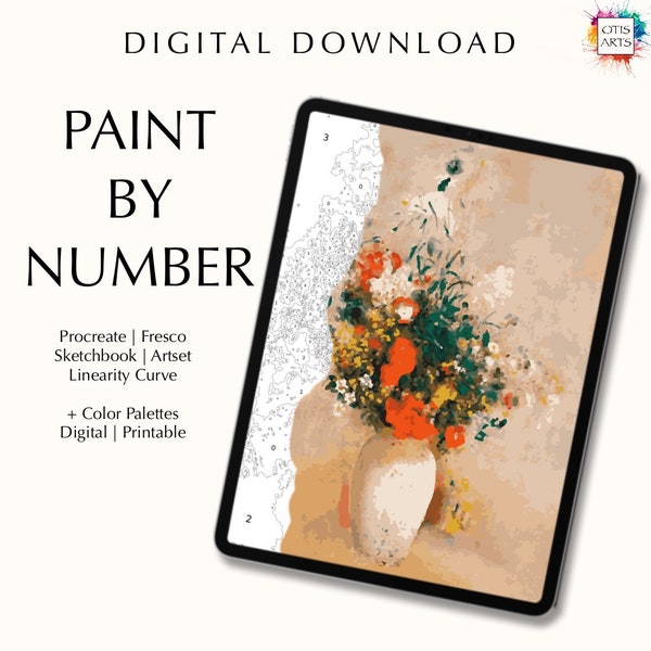 Digital Paint by number kit of a Vase of flowers by Odilon Redon