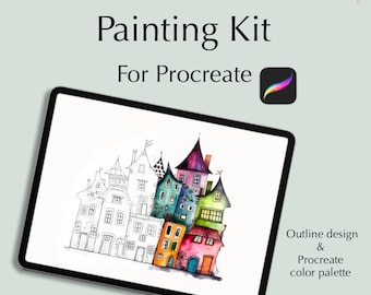以下が含まれることがあります： Procreate 用のデジタルダウンロードペイントキット。カラフルな家の白黒アウトラインが特徴です。アウトラインデザインと Procreate カラーパレットが含まれています。