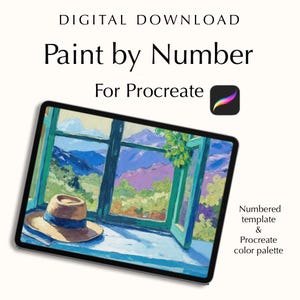 May include: A digital download for Procreate featuring a "Paint by Number" design. The image shows a tablet displaying a colorful landscape painting of a window with a hat on the sill. Includes a numbered template and Procreate color palette.