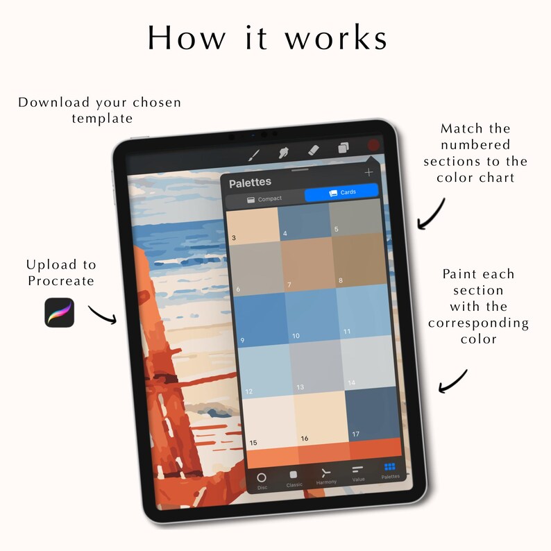 Puede incluir: Una ilustraci&oacute;n digital de una escena de playa con una paleta de colores en la pantalla de una tableta. La paleta de colores tiene 17 muestras de colores numeradas. La imagen muestra c&oacute;mo usar una aplicaci&oacute;n de pintura digital para colorear una imagen numerada de pintura por n&uacute;meros.