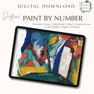 May include: A digital paint-by-number design displayed on a tablet. The artwork features an abstract composition with vibrant colors including blue, green, red, and yellow. Text on the screen reads "Paint by Number". The image also includes the text "Digital Download".