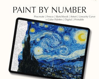 Paint by number kit digital, Procreate, Sketchbook and Art Set templates + color palettes, Vincent Van Gogh's The Starry Night