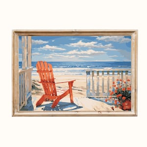 Puede incluir: Una silla Adirondack de madera roja se encuentra en un porche con vistas a una escena de playa con agua azul y arena blanca. La silla est&aacute; orientada hacia el oc&eacute;ano y hay barandillas blancas y una planta en maceta con flores rojas en el fondo.