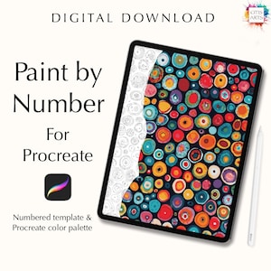 May include: Digital download for a paint by number design for the Procreate app. The design features a colorful pattern of overlapping circles on a black background. The image shows a tablet screen with the design and a stylus.