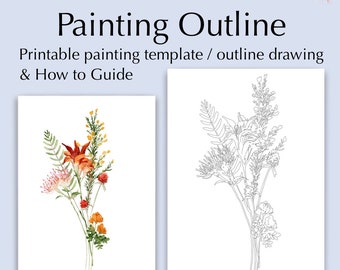 May include: Printable painting template featuring a bouquet of flowers with orange, yellow, and red blooms. The template includes a colored version and a black and white outline for coloring.