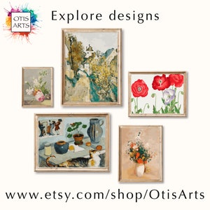 May include: A collection of framed art prints featuring vintage-style paintings. The prints showcase various subjects, including floral arrangements, landscapes, and still life scenes. The text "Explore designs" and the Etsy shop URL are also visible.