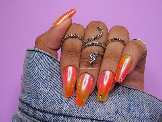 Peachy Press on Nails Airbrush Nails Neon Nails Pink, Yellow and