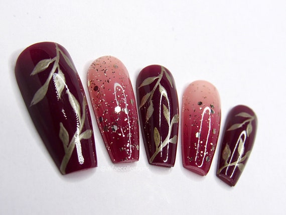 Matte burgundy and gold glitter accent nail | Glitter accent nails, Burgundy  nails, Gold nails