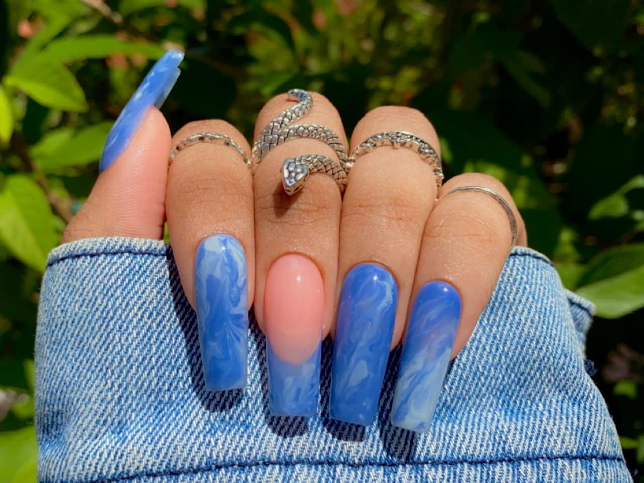 Blueberry Swirl Press on Nails French Tip Nails Blue Nails Nude