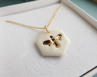 Porcelain gold Bee necklace, 14k filled gold chain, honeycomb necklace, handmade ceramic jewellery UK, minimalist necklace, 18th anniversary