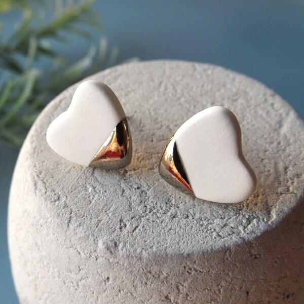 Porcelain & sterling silver heart studs, handmade ceramic earrings, valentines day gift, 18th wedding anniversary gift, bridal earrings