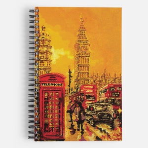 May include: A red telephone box with the word "TELEPHONE" on it, in front of a yellow and orange sunset scene with red double-decker buses and a tall building in the background.
