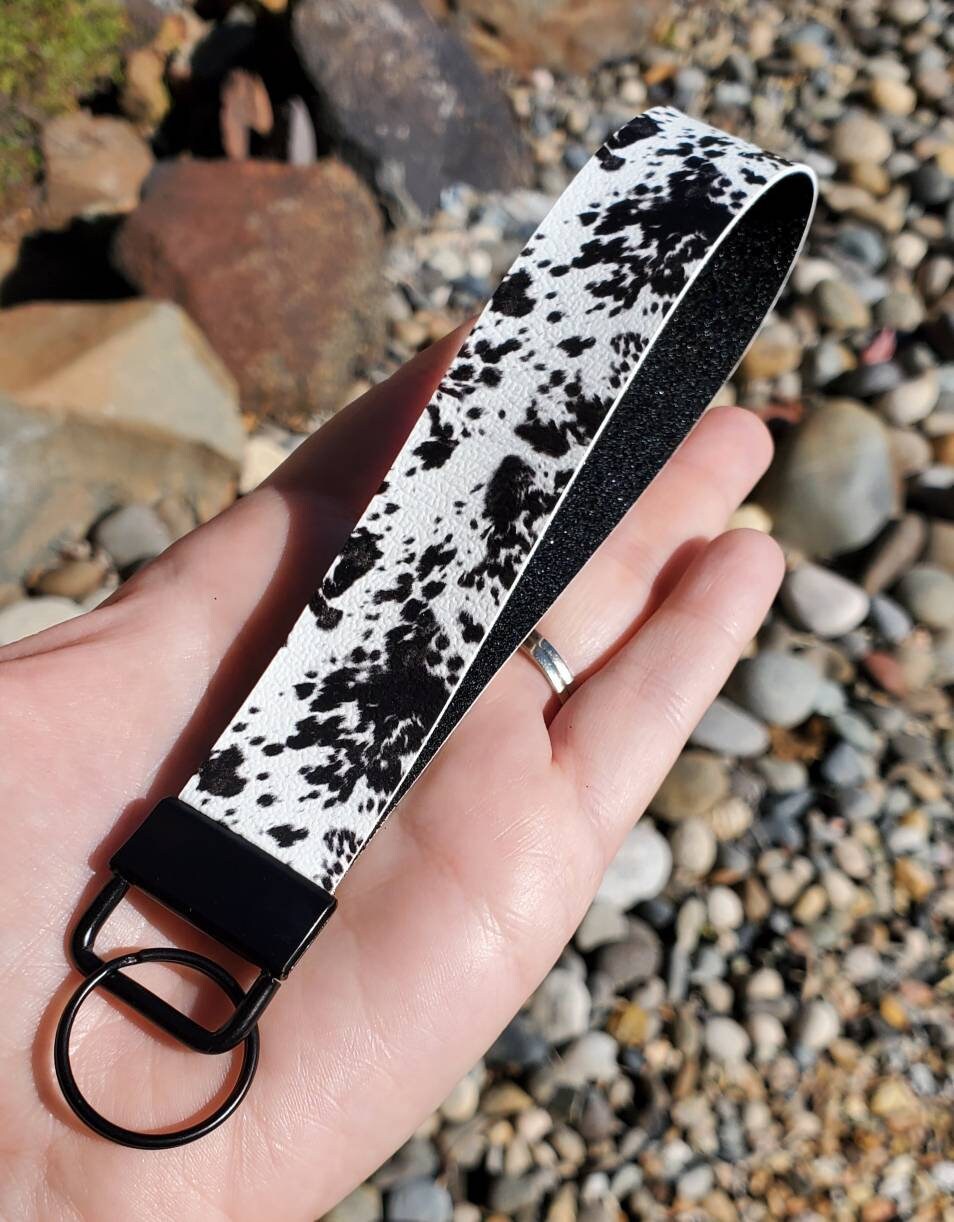 Black and White Cowhide Wristlet Keychain Key Fob Wristlet 