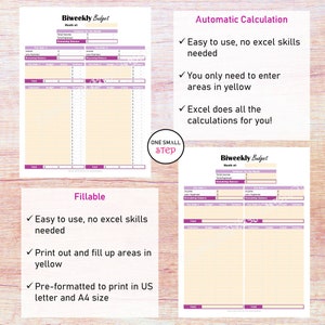 May include: Two printable biweekly budget worksheets. The first worksheet is fillable and the second worksheet has automatic calculations. Both worksheets have areas to enter income and expenses, and both have a yellow background.