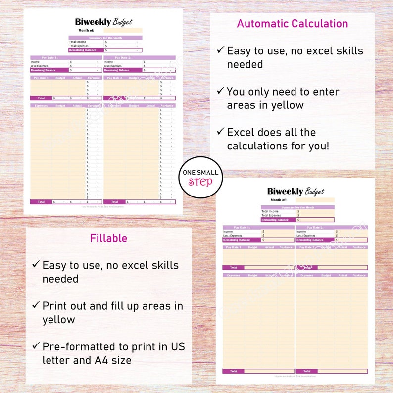 May include: Two printable biweekly budget worksheets. The first worksheet is fillable and the second worksheet has automatic calculations. Both worksheets have areas to enter income and expenses, and both have a yellow background.