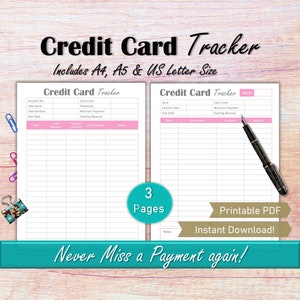 Rastreador de tarjetas de crédito A5 Inserciones de presupuesto, Rastreador de pagos de deudas de tarjetas de crédito, Hoja de seguimiento de facturas mensuales PDF de finanzas personales, Rastreador de pagos de deudas