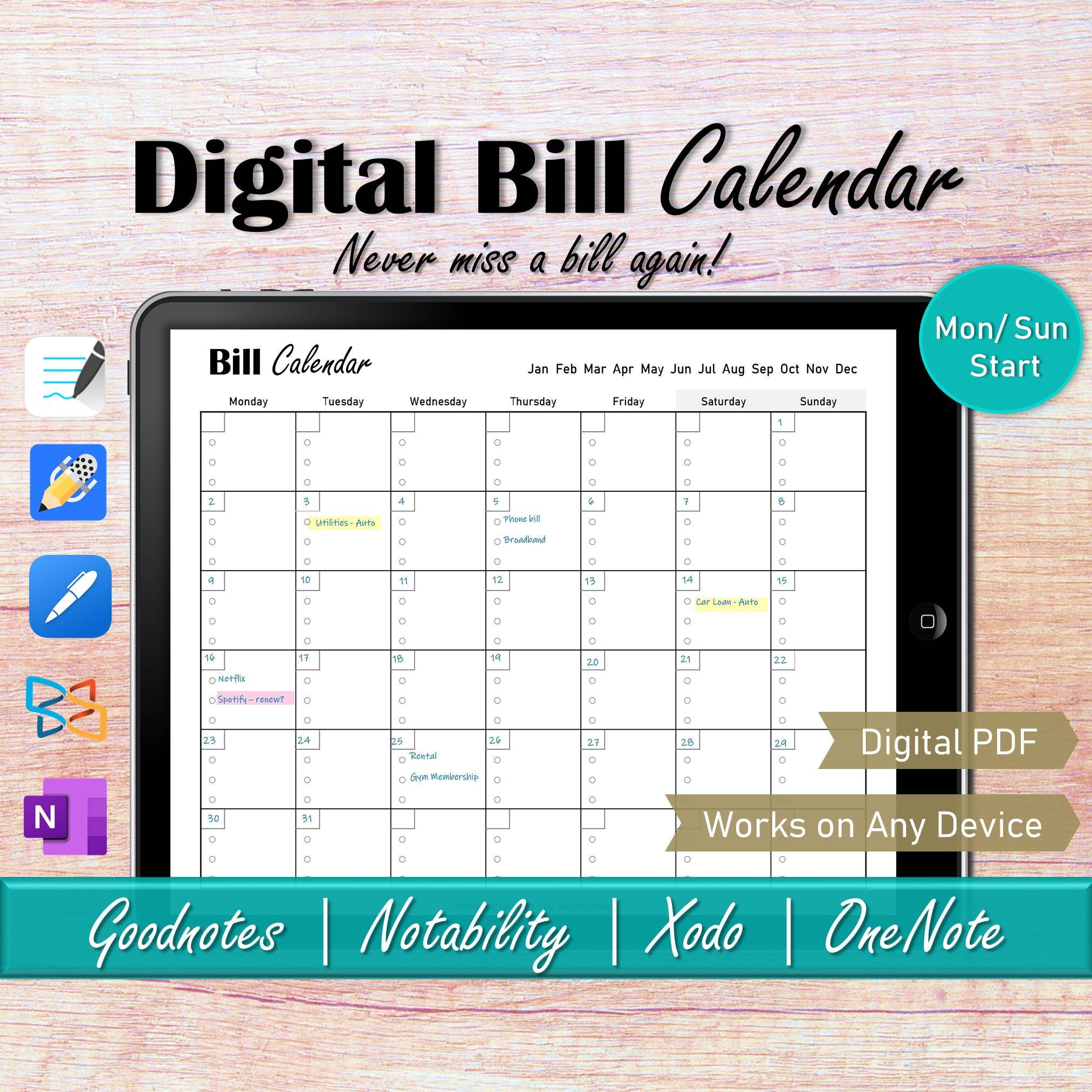 Digital Bill Tracker Ipad Budget Planner, Goodnotes Monthly Bill Tracker Calendar, Bill Payment Calendar, Bill Due Personal Finance Calendar
