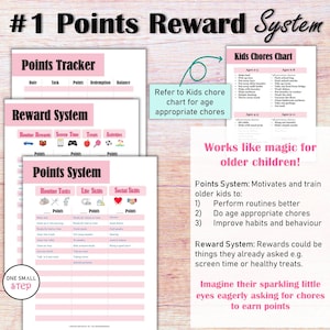 May include: A printable chart with a pink and white color scheme, titled "#1 Points Reward System". The chart is designed to help parents motivate children to complete chores and tasks by earning points. The chart includes sections for "Points Tracker", "Reward System", and "Points System". It also includes a "Kids Chores Chart" with age-appropriate chores.