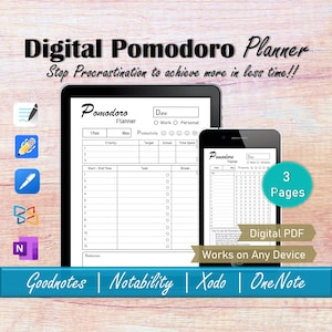 May include: Digital Pomodoro Planner displayed on a tablet and smartphone. The planner features a black and white design with sections for tasks, time tracking, and productivity. Text includes "Digital Pomodoro Planner" and "Works on Any Device."