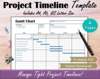 Plantilla de gestión de proyectos, diagrama de Gantt de línea de tiempo del planificador de proyectos imprimible, calendario del planificador de proyectos a5, plantilla de programación de proyectos PDF