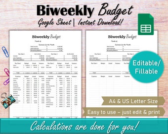 Google Spreadsheet Budget Spreadsheet, bewerkbare tweewekelijkse salarisbudgetsjabloon, maandelijks budget voor persoonlijke financiën per salarisplanner afdrukbaar