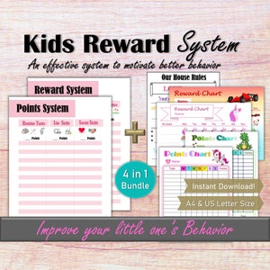 May include: A pink and blue printable reward system for kids with a unicorn, a frog, and a race car. The printable includes a points chart, a reward chart, and a house rules chart. The text on the image reads "Kids Reward System", "An effective system to motivate better behavior", "Reward System Points System", "Our House Rules", "Reward Chart", "Points Chart", "4 in 1 Bundle", "Instant Download!", "A4 & US Letter Size", and "Improve your little one's behavior".
