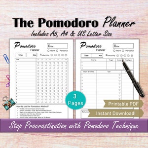 Pomodoro Procrastination Planner, Zeitmanagement Pomodoro Technik druckbare, Projektmanagement Pomodoro Timer, Time Boxing Template PDF